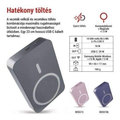 EMOS Powerbank WI 1046, 10 000 mAh, 20 W+Wireless, szürke