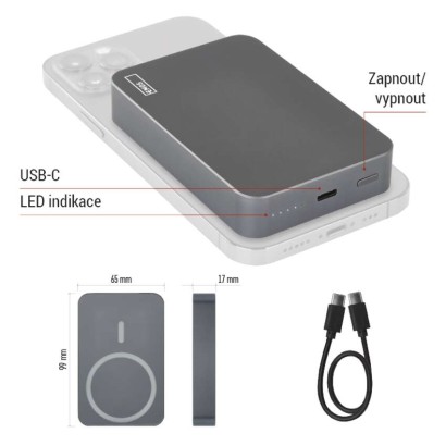 Powerbanka EMOS WI 1046, 10 000 mAh, 20 W+Wireless, šedá