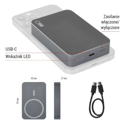 Powerbank EMOS WI 1046, 10 000 mAh, 20 W+Wireless, szary