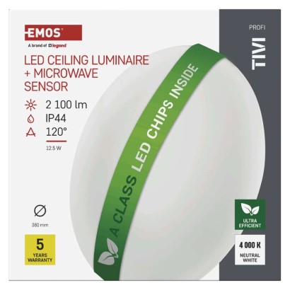 Oprawa sufitowa LED TIVI, MW sensor, okrągła biała 12,5W, IP44, neutralna biel, czujnik MW