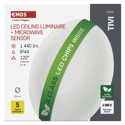 Oprawa sufitowa LED TIVI, MW sensor, okrągła biała 8,6W, IP44, neutralna biel, czujnik MW