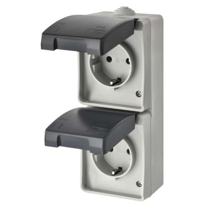 Wandsteckdose doppelt, grau-schwarz, IP44