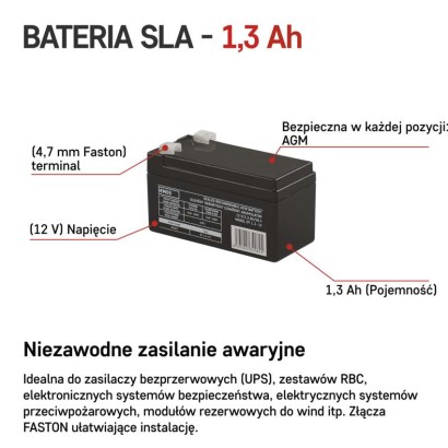 Akumulator AGM 12V 1,3Ah faston 4,7