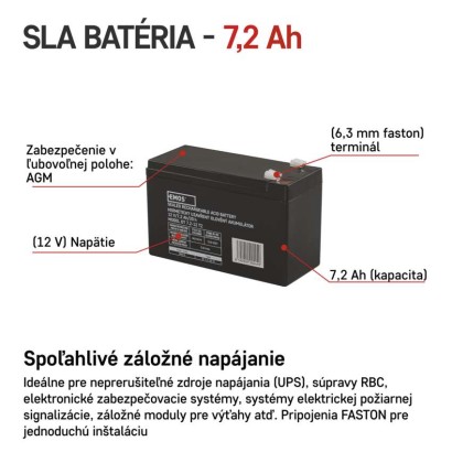 Bezúdržbový olovený akumulátor 12 V/7,2 Ah, faston 6,3 mm