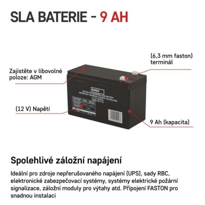 Bezúdržbový olověný akumulátor 12 V/9 Ah, faston 6,3 mm