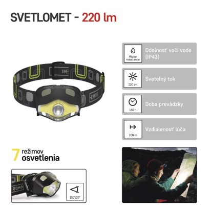 COB LED + LED čelovka P3536, 220 lm, 100 m, 3× AAA