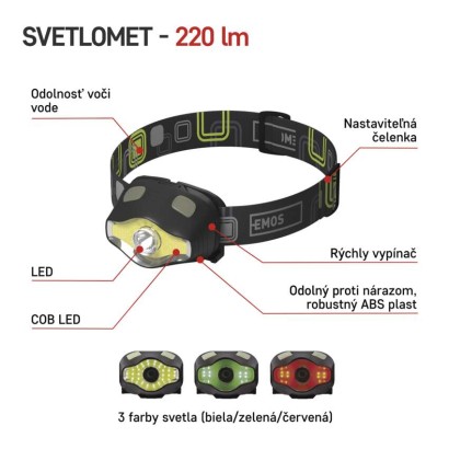 COB LED + LED čelovka P3536, 220 lm, 100 m, 3× AAA