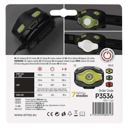 COB LED + LED čelovka P3536, 220 lm, 100 m, 3x AAA