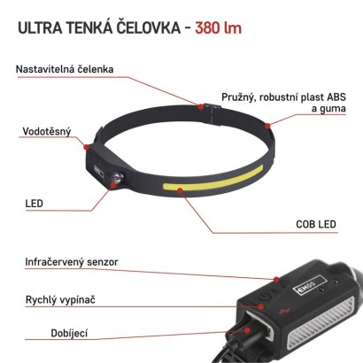 COB LED nabíjecí čelovka P3541, 380 lm, 30 m, Li-Pol 1200 mAh