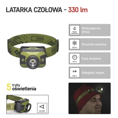 Latarka czołowa LED CREE 330 lm, 200m 3x AAA z zoomem