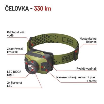 CREE LED čelovka P3539, 330 lm, 200 m, 3× AAA