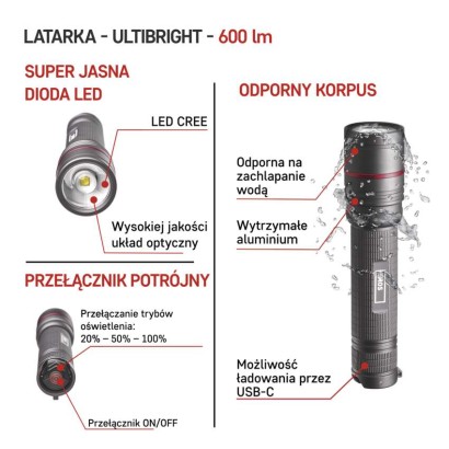 Latarka metalowa CREE LED Ultibright 80, 600lm, ładowalna