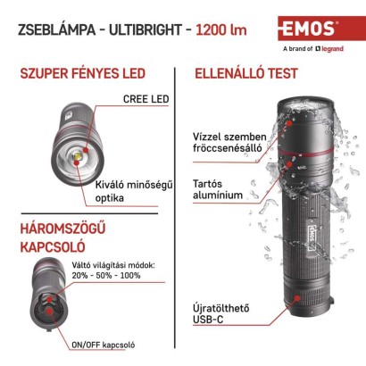 EMOS ULTIBRIGHT 90 CREE LED tölthető fém zseblámpa 1200lm