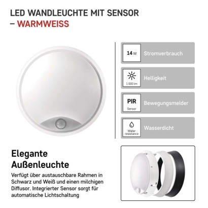 LED Deckenleuchte mit Bewegungsmelder, rund, schw./w. 14W WW