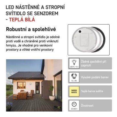 LED svítidlo ZURI s pohybovým čidlem, 22 cm, 14 W, teplá bílá, IP54
