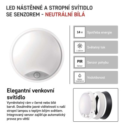LED svítidlo ZURI s pohybovým čidlem, 22 cm, 14 W, neutrální bílá, IP54
