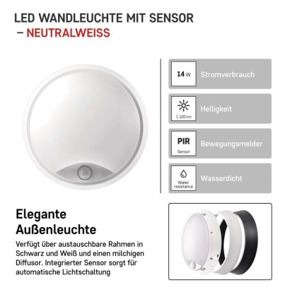 LED Deckenleuchte mit Bewegungsmelder, rund, schw./w. 14W NW