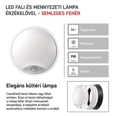 EMOS LED mennyezeti lámpa ZURI 14W 1100lm IP54 PIR érzékelővel természetes fehér