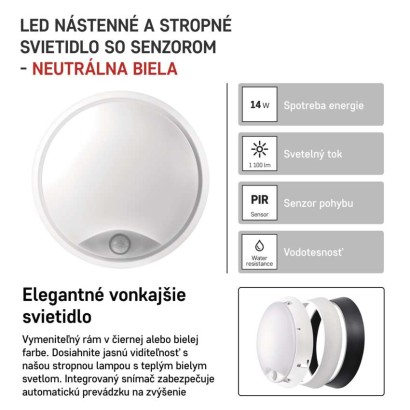 LED prisadené svietidlo ZURI s pohyb. senz., kruhové č/b 14W n.b.