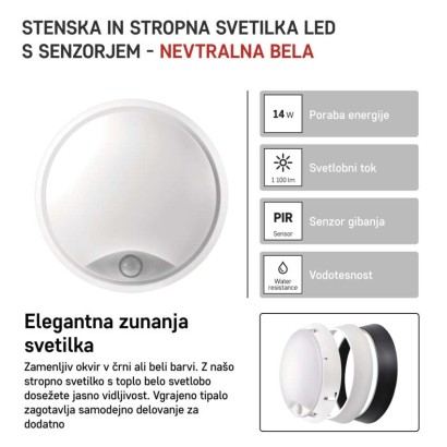LED svetilo nadometno ZURI, okroglo, s senzorjem, 14W, nevtralno bela