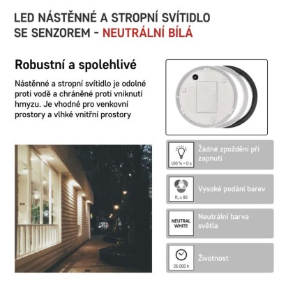 LED svítidlo ZURI s pohybovým čidlem, 22 cm, 14 W, neutrální bílá, IP54