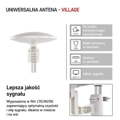 Antena uniwersalna VILLAGE MOON–V900, DVB-T2, FM, DAB, filtr LTE/4G/5G