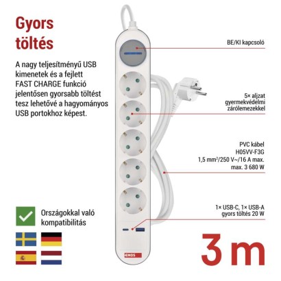 Hosszabbító 3 m / 5 aljzat / kapcsolós / fehér-szürke / 1×USB-A + 1×USB-C / 1,5 mm2