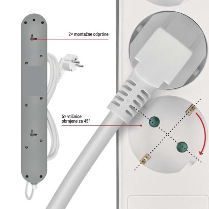 Podaljšek 3 m / 5 vtičnic / s stikalom / belo-siv / 1×USB-A + 1×USB-C / 1,5 mm2