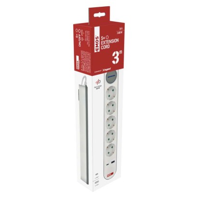 Hosszabbító 3 m / 5 aljzat / kapcsolós / fehér-szürke / 1×USB-A + 1×USB-C / 1,5 mm2