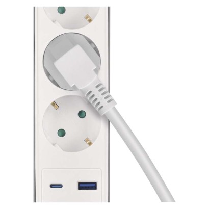 Hosszabbító 3 m / 5 aljzat / kapcsolós / fehér-szürke / 1×USB-A + 1×USB-C / 1,5 mm2