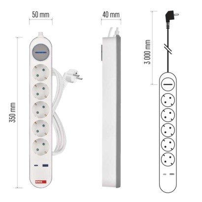 Hosszabbító 3 m / 5 aljzat / kapcsolós / fehér-szürke / 1×USB-A + 1×USB-C / 1,5 mm2
