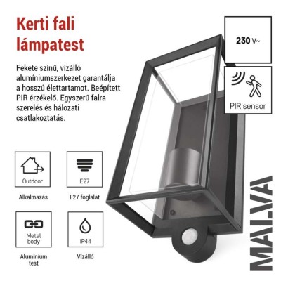 Kerti fali lámpa MALVA szürkületérzékelővel, 13 x 12,5 x 28 cm, 1 x E27, 15 W