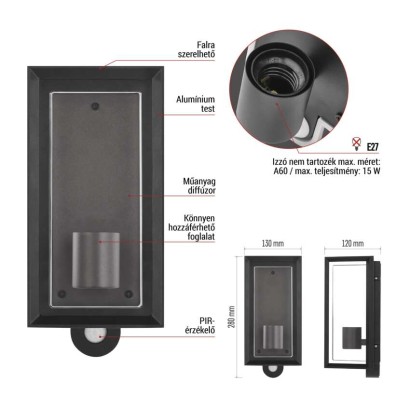 Kerti fali lámpa MALVA szürkületérzékelővel, 13 x 12,5 x 28 cm, 1 x E27, 15 W