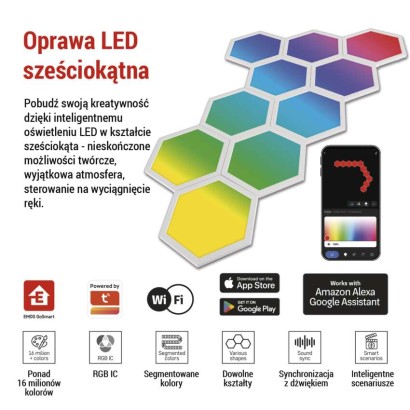 GoSmart Oprawa LED RGB IC Hexagon, 10 części, 19 W, ściemnialna, WiFi