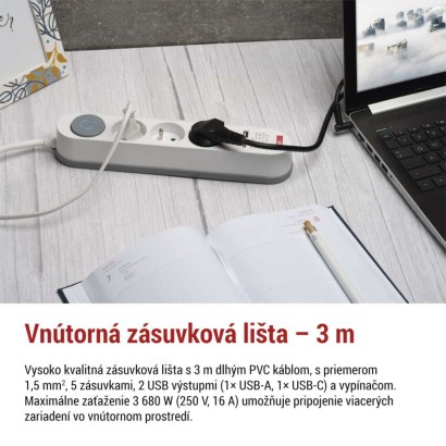 Predlžovací kábel 3 m / 5 zásuvky / s vypínačom / bielo-sivý / 1×USB-A + 1×USB-C / 1,5 mm2