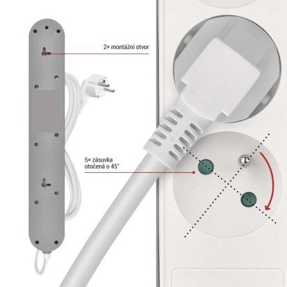 Prodlužovací kabel 3 m / 5 zásuvky / s vypínačem / bílo-šedý / 1×USB-A + 1×USB-C / 1,5 mm2