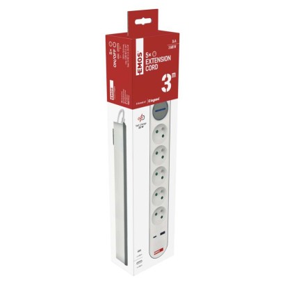 Prodlužovací kabel 3 m / 5 zásuvky / s vypínačem / bílo-šedý / 1×USB-A + 1×USB-C / 1,5 mm2