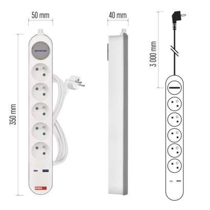 Prodlužovací kabel 3 m / 5 zásuvky / s vypínačem / bílo-šedý / 1×USB-A + 1×USB-C / 1,5 mm2