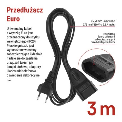 Przedłużacz 3 m / 1 gniazdo / czarny / PVC / 0,75 mm2