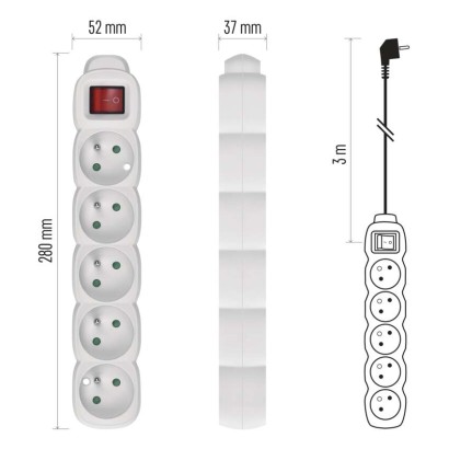 Prodlužovací kabel 3 m / 5 zásuvek / s vypínačem / bílý / PVC / 1,5 mm2