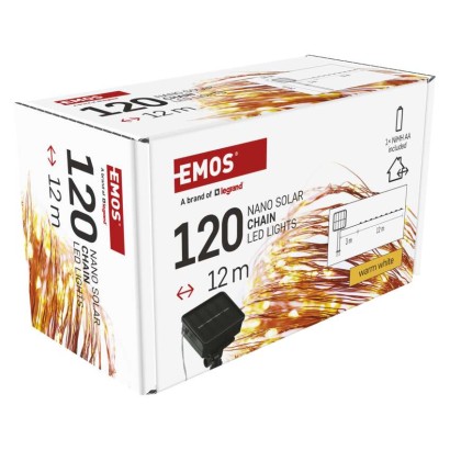 LED nano řetěz se solárním panelem, měděný, 12 m, venkovní i vnitřní, teplá bílá, časovač
