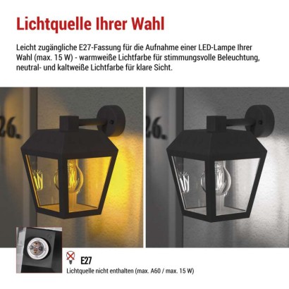 Garten-Wandleuchte ADENIA, 18 x 15 x 24,5 cm, 1 x E27, 15 W