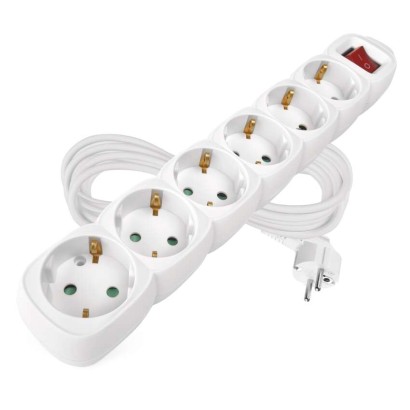 Ilgintuvas 5 m / 6 lizdai / su jungikliu / baltas / PVC / 1,5 mm2 