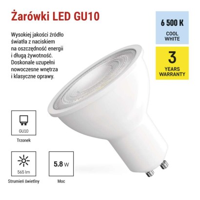 Żarówka LED Classic MR16 biały/ GU10 / 5,8 W (75 W) / 565 lm / Zimna biel