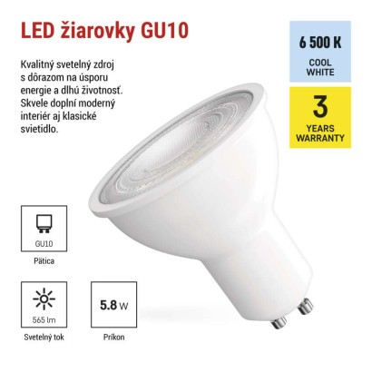 LED žiarovka Classic MR16 biela/ GU10 / 5,8 W (75 W) / 565 lm / Studená biela
