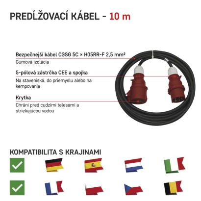 3 fázový vonkajší predlžovací kábel 10 m / 1 zásuvka / čierny / guma / 400 V / 2,5 mm2