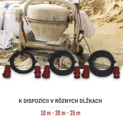 3 fázový vonkajší predlžovací kábel 10 m / 1 zásuvka / čierny / guma / 400 V / 2,5 mm2