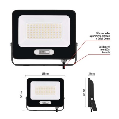 LED reflektor GLARO 50W, černý, IP65, 5000 lm, neutrální bílá
