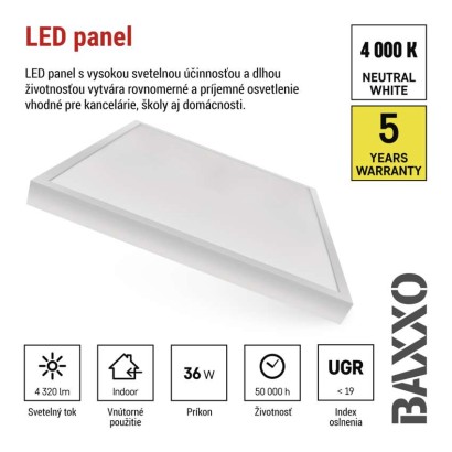 LED panel BAXXO 60×60, štvorcový prisadený biely, 36W neutr. biela