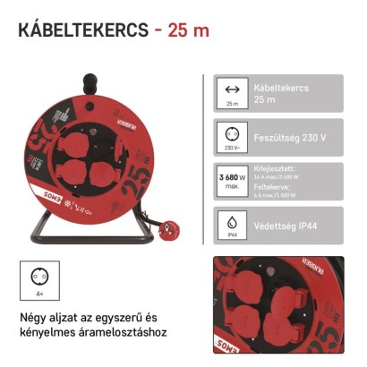 Kültéri kábeldob 25 m / 4 aljzat / fekete / gumi / 230 V / 2,5 mm2